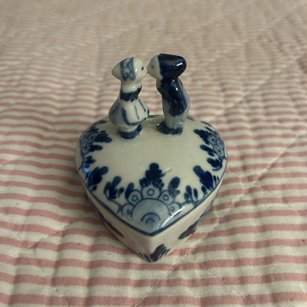 Blue & White Heart Trinket Box with Kissing Couple Figurine